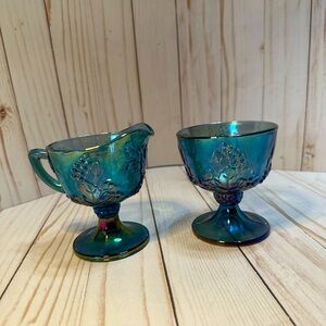 VINTAGE INDIANA GLASS IRIDESCENT BLUE HARVEST GRAPE sugar bowl & creamer